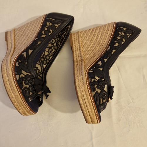 Tory Burch Peep Toe Espadrilles Like New, Leather, Size 39, Blue
