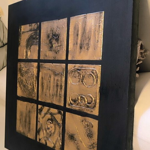 Handmade Embossed Wall Art 100x100 cm, Black & Gold Bronze