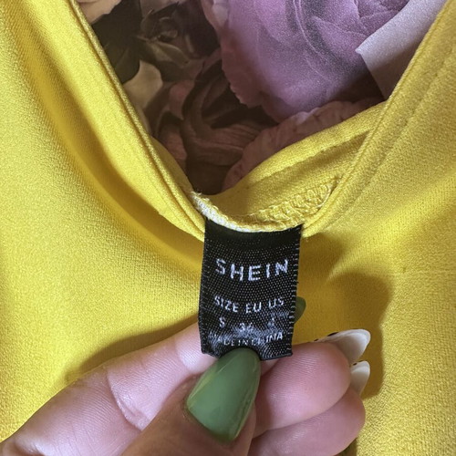 Shein yellow blouse with V neckline and ruched sleeves