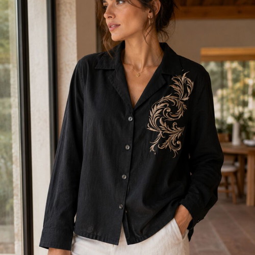 Linen women's shirt black embroidered new with tags
