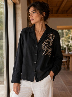 Linen women's shirt black embroidered new with tags
