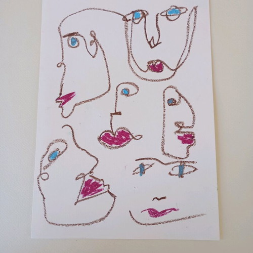 One line faces oil pastel on A4 watercolor paper like new