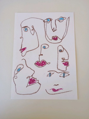 One line faces oil pastel on A4 watercolor paper like new