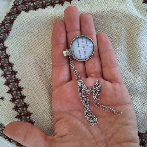 Metal necklace with letters pendant new, silver and white