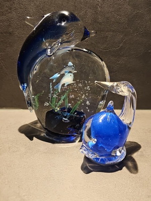 Murano art glass aquarium set with dolphin and whale