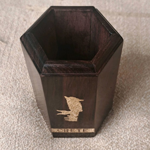 Wooden pencil holder used with map of Crete