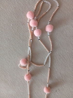 Long Boho Handmade Necklace with Beads and Pink Pom-Poms 78 cm like new