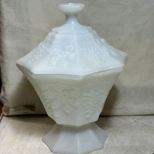 Vintage Milk Glass Candy Dish with Lid embossed grapes 20 cm used