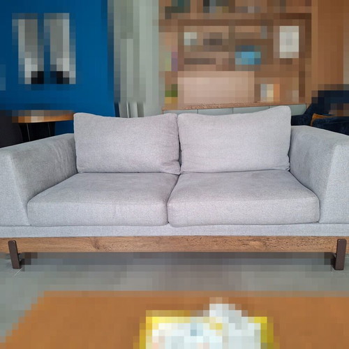 Two-Seater Sofa used, gray fabric with metal legs and wooden base