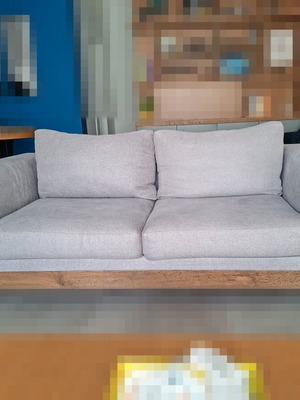 Two-Seater Sofa used, gray fabric with metal legs and wooden base