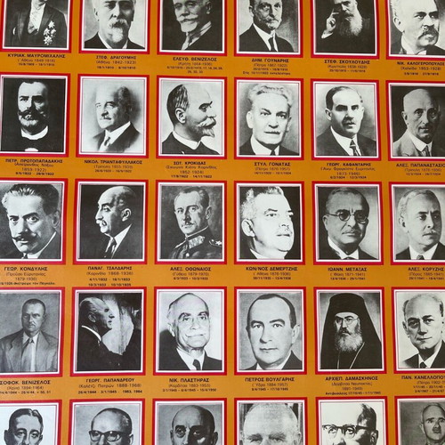 Political-historical map of Greek prime ministers, kings and presidents used 1827-1990