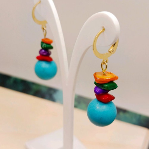 Handmade Earrings with Turquoise and Mother of Pearl, Gold Plated Stainless Steel, New
