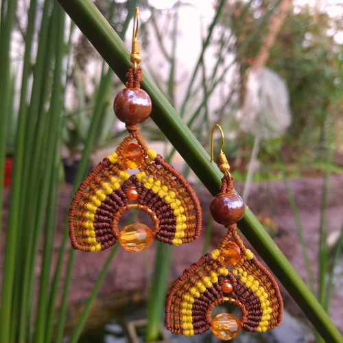 Oleander earrings with macrame art, beads, handmade, new