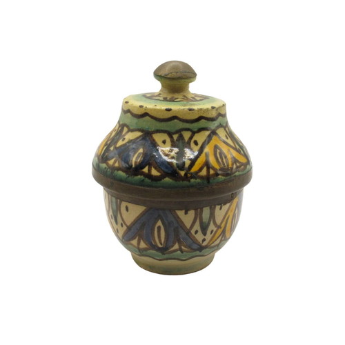 Moroccan ceramic jar vintage like new with lid and brass fittings 1950-1960