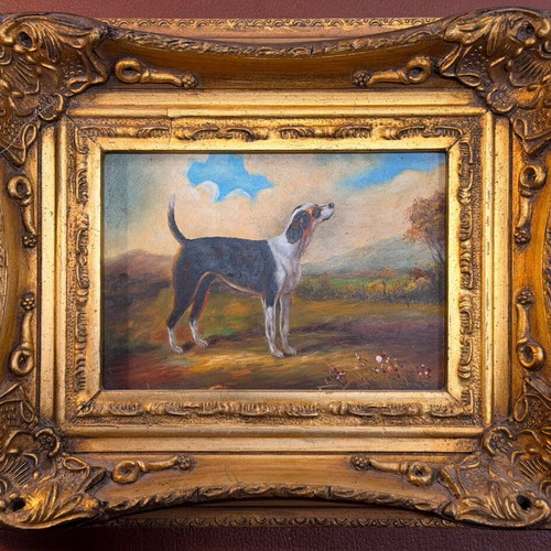 Artwork with dog in landscape, framed
