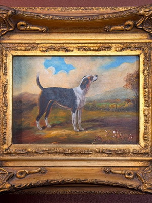 Artwork with dog in landscape, framed