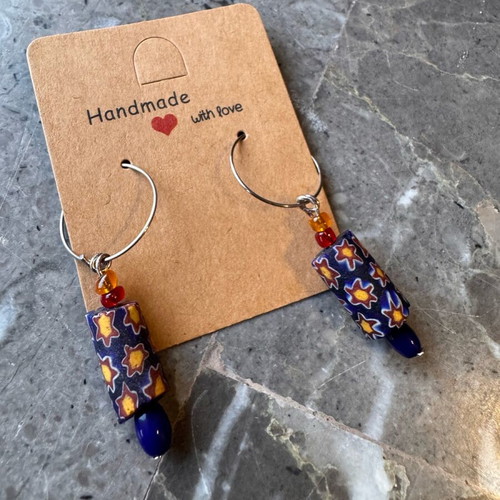 Handmade silver hoop earrings with blue beads new