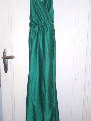 Emerald green satin long dress with straps L&S like new