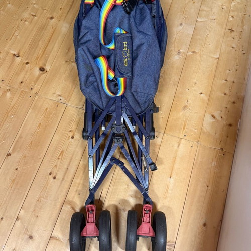 Mothercare Little Bird stroller used, denim fabric, rainbow straps