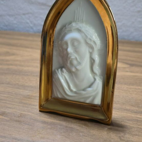 Vintage Crown Bavaria Porcelain Jesus Christ Icon with Gold Trim