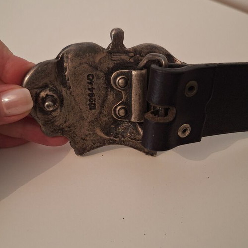 Vintage Genuine Leather Black Belt with Rhinestone Crown Buckle