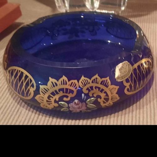 Bohemia glass ashtrays used, Czechoslovakia, cobalt color, hand-painted