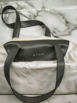 Avon large fabric shoulder bag used, ecru and grey