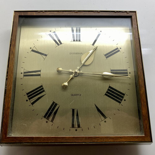 Dugena vintage wall clock used, brass and solid wood