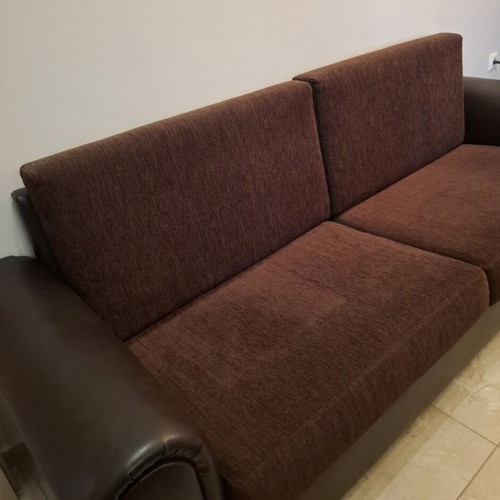 Three-seater sofa like new, genuine leather and fabric, walnut wood frame