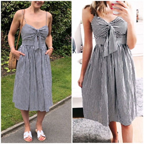 Zara striped linen mix midi dress XS used with straps and pockets