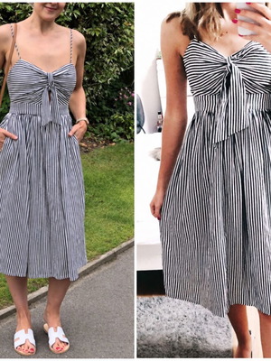 Zara striped linen mix midi dress XS used with straps and pockets