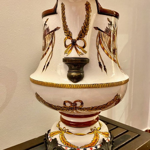 Decorative ceramic pitcher with brass fittings like new