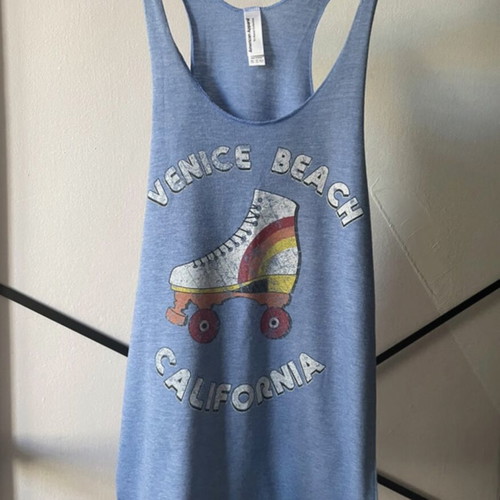 American Apparel tank top with Venice Beach roller skate print, new, blue, XS