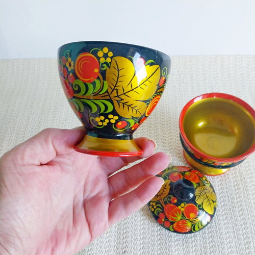 Vintage Russian Khokhloma wooden set like new, bowl and lidded box