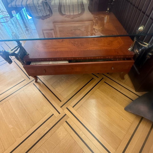 Marquetry coffee table used, Spanish, cherry wood