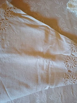 Handmade round tablecloth with crochet motifs, cotton and linen