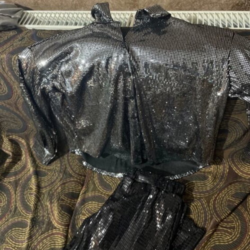 Shirt and pants set new, sparkling evening black and gray
