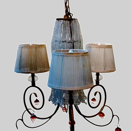Viokef chandelier with 3 lampshades and 1 central bulb, used