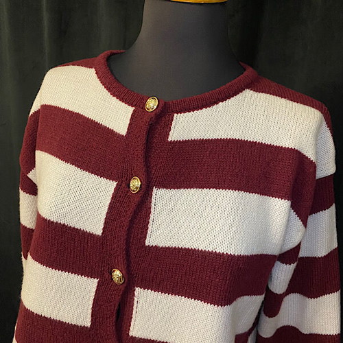 Knitted cardigan with burgundy and white stripes, size S, like new