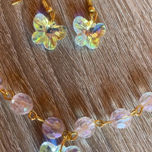 Choker necklace and earrings set handmade, pink and gold butterflies