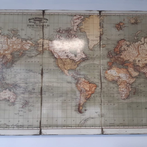 Vintage Triptych World Map in Antique Style with Earthy Tones