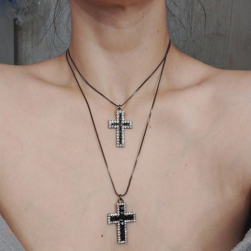 Double necklace with crosses in black and white rhinestones like new
