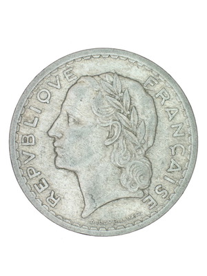 5 Francs Coin 1945 used, France
