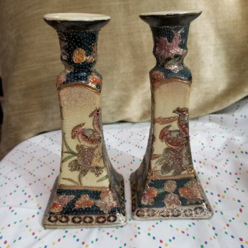 Satsuma porcelain candlesticks set used, 2 pieces