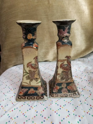 Satsuma porcelain candlesticks set used, 2 pieces