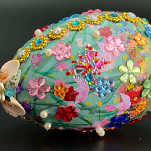 Handmade decorative plastic egg with floral design and beads, new