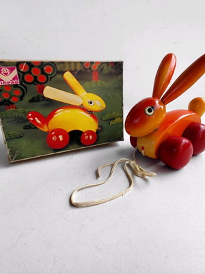 Viopad wooden rabbit toy new, Greek made 1970s vintage