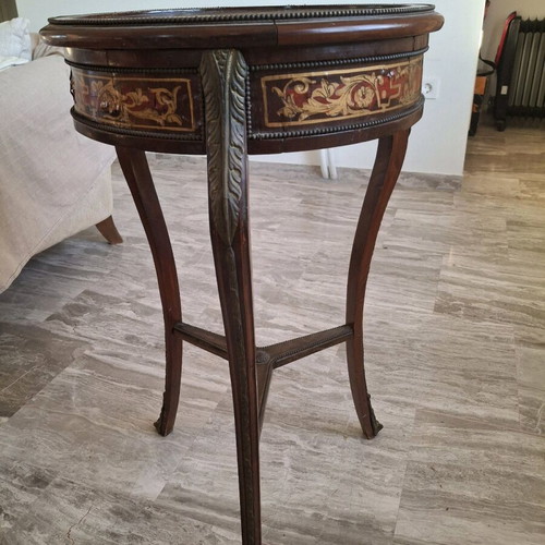 Vintage Louis XV style round table with Boulle marquetry, Italian mid-century