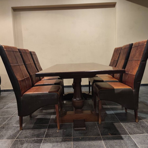 Solid Wood Dining Set with 6 High-Back Leather Chairs used