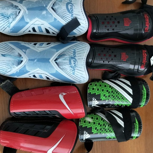 Football shin guards used, pack of 4 pairs with Pro Touch, Admiral, Adidas Predator, Nike